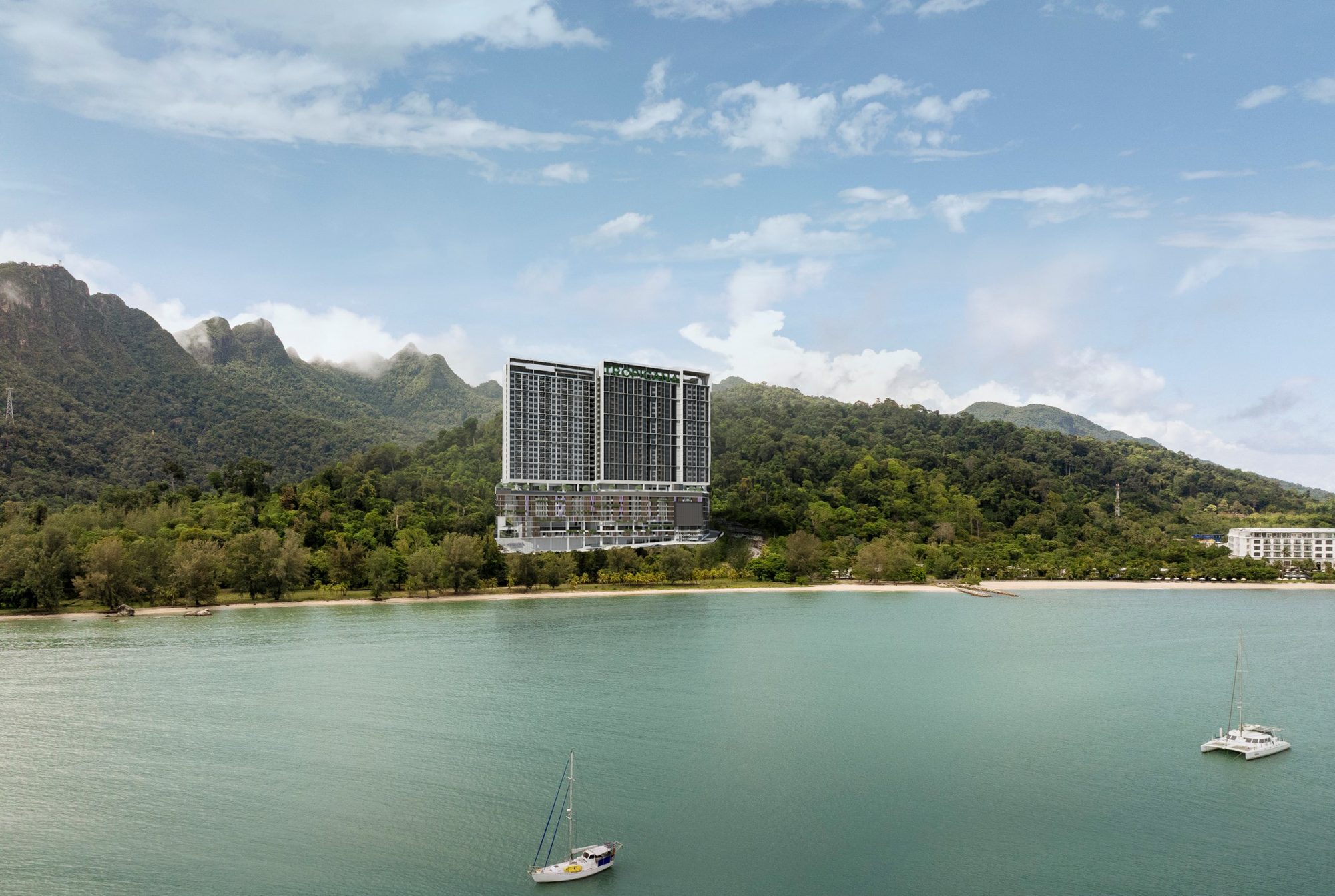 Artist’s impression of Odesea: a serviced apartment tower on a landscaped podium, set in forested hills
